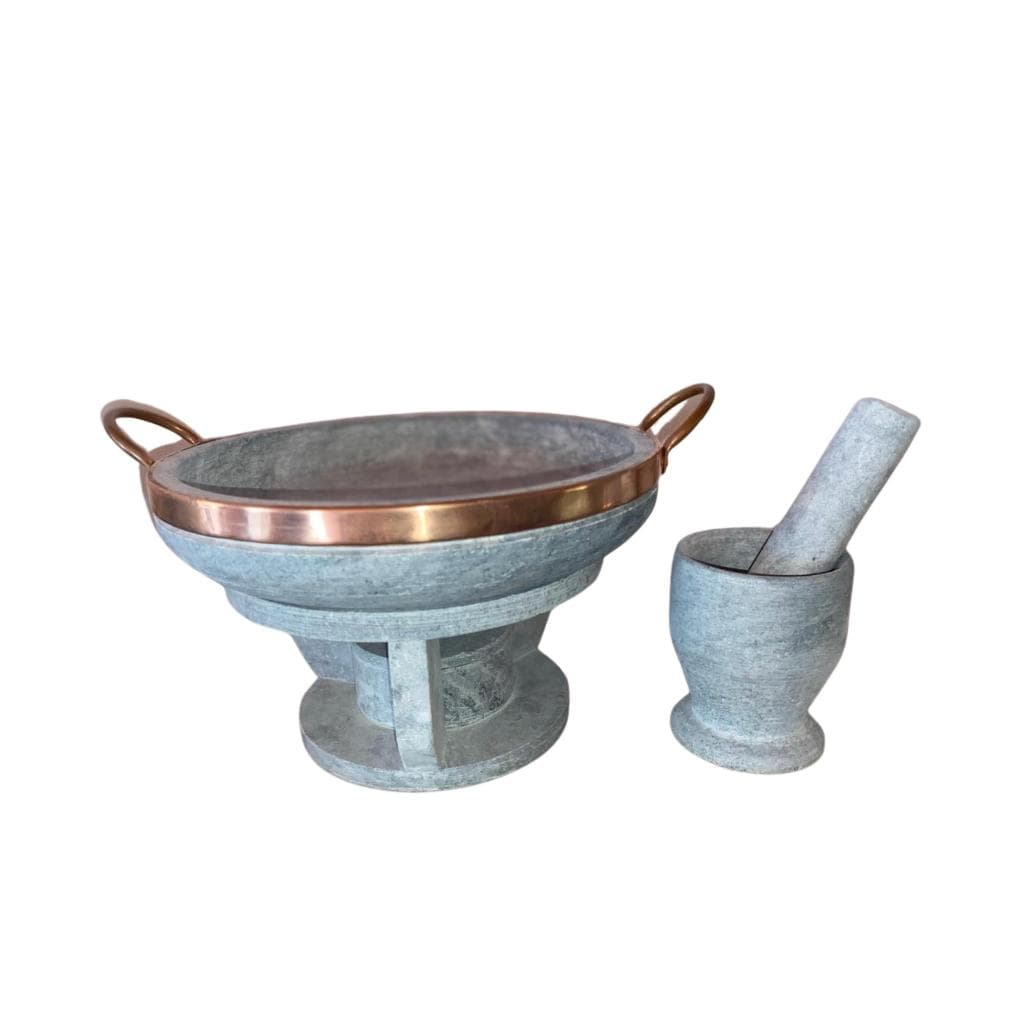 KIT: Frigideira 20cm + Fogareiro + Pilão em Pedra Sabão