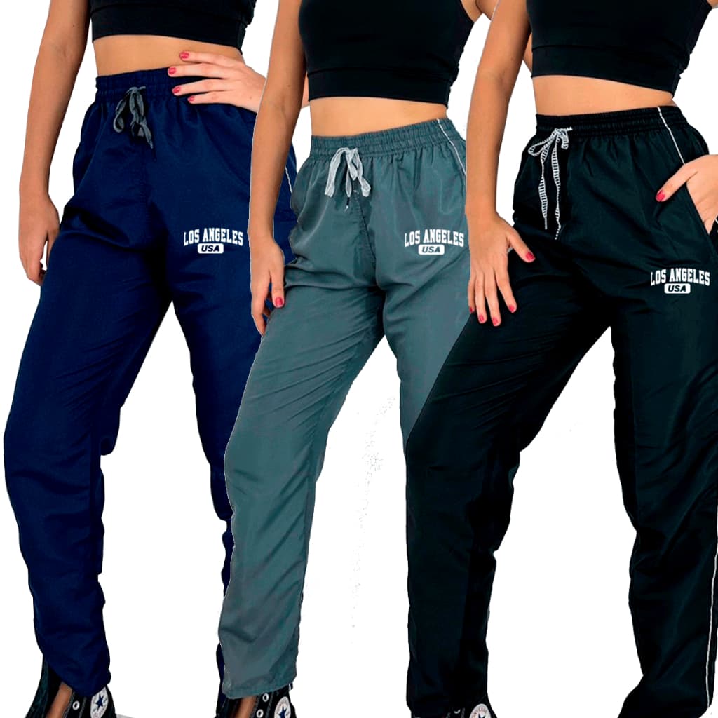 Kit 3 calça básica tactel estilo street reta larga com ajuste de cordão e bolsos unissex