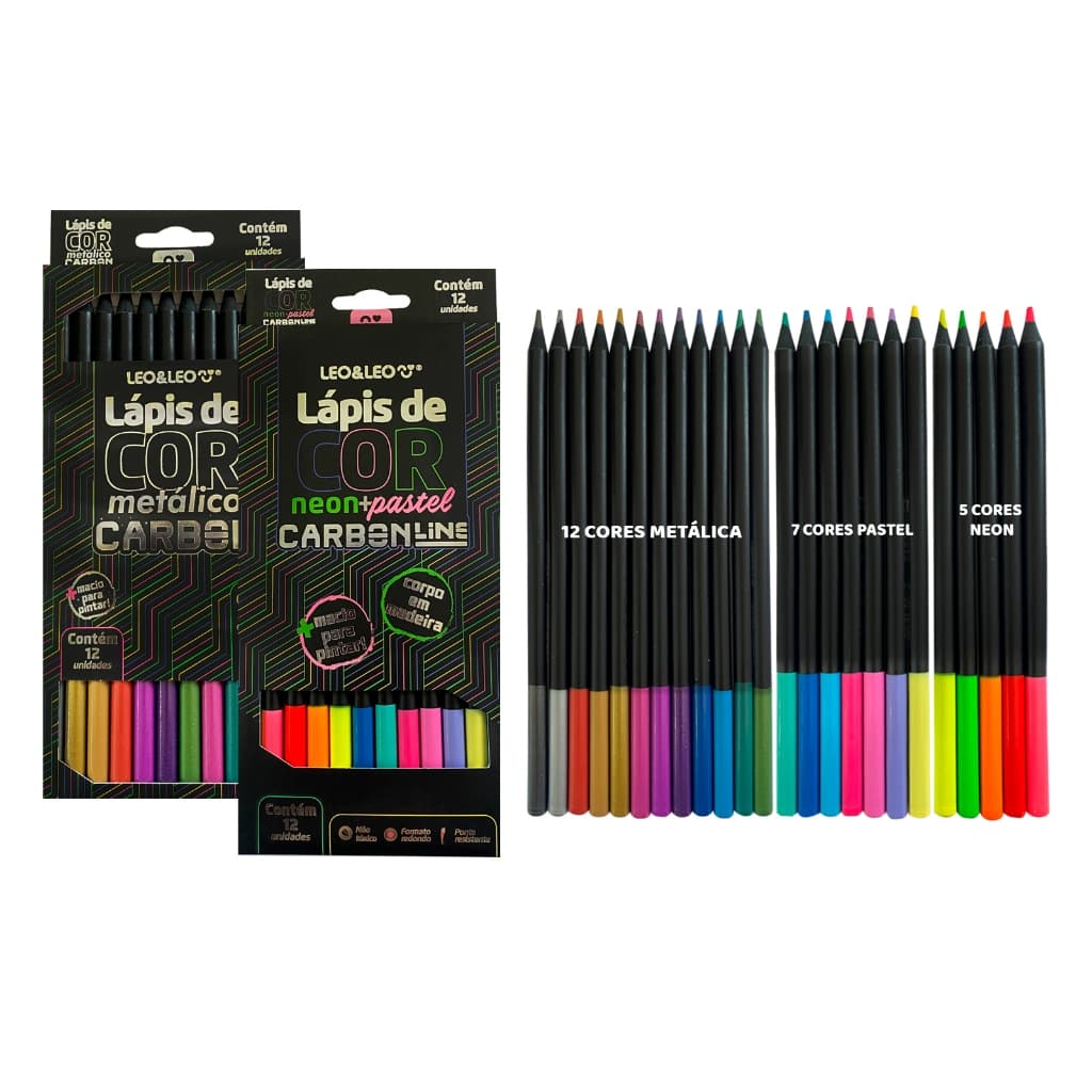 Lápis De Cor Metálico Carbon 12 Cores  + Lápis Neon e Pastel Super Macio