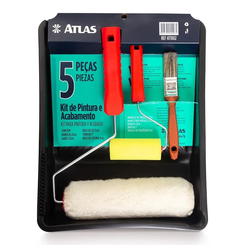 Kit de Pintura e Acabamento Pincel Rolo Bandeja 5 Peças Atlas