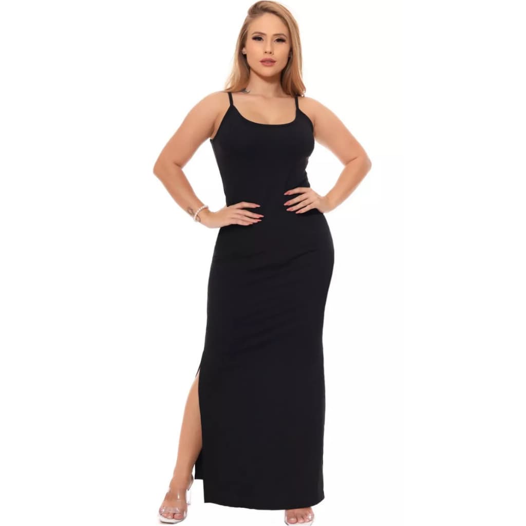 VESTIDO LONGO COM FENDA FEMININO ALCINHA CANELADO CASUAL