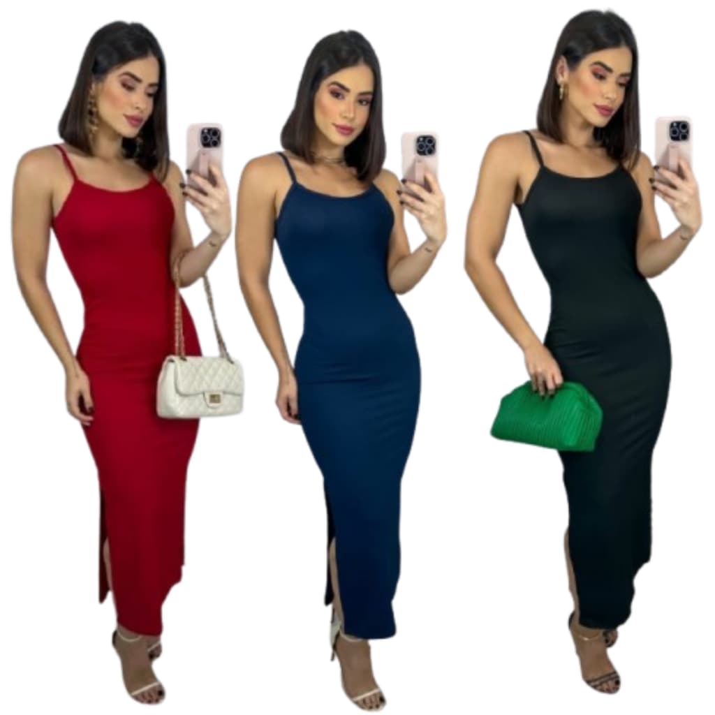 VESTIDO FEMININO LONGO FENDA LATERAL CANELADO ALCINHA FESTA CASUAL