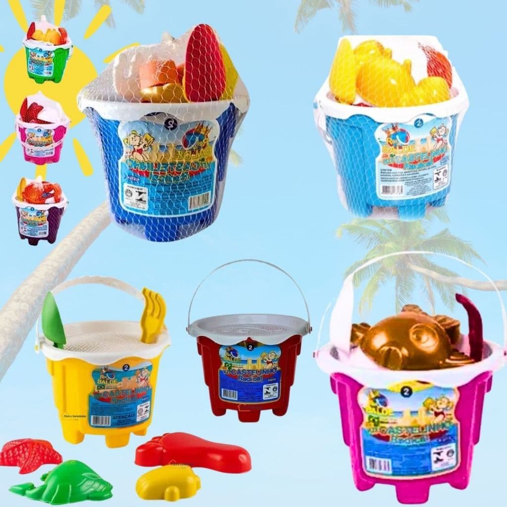 Kit Com 2 Baldinho de Praia Infantil Completo Castelinho de Areia Praia Verão 6 Peças Brincadeira Criança