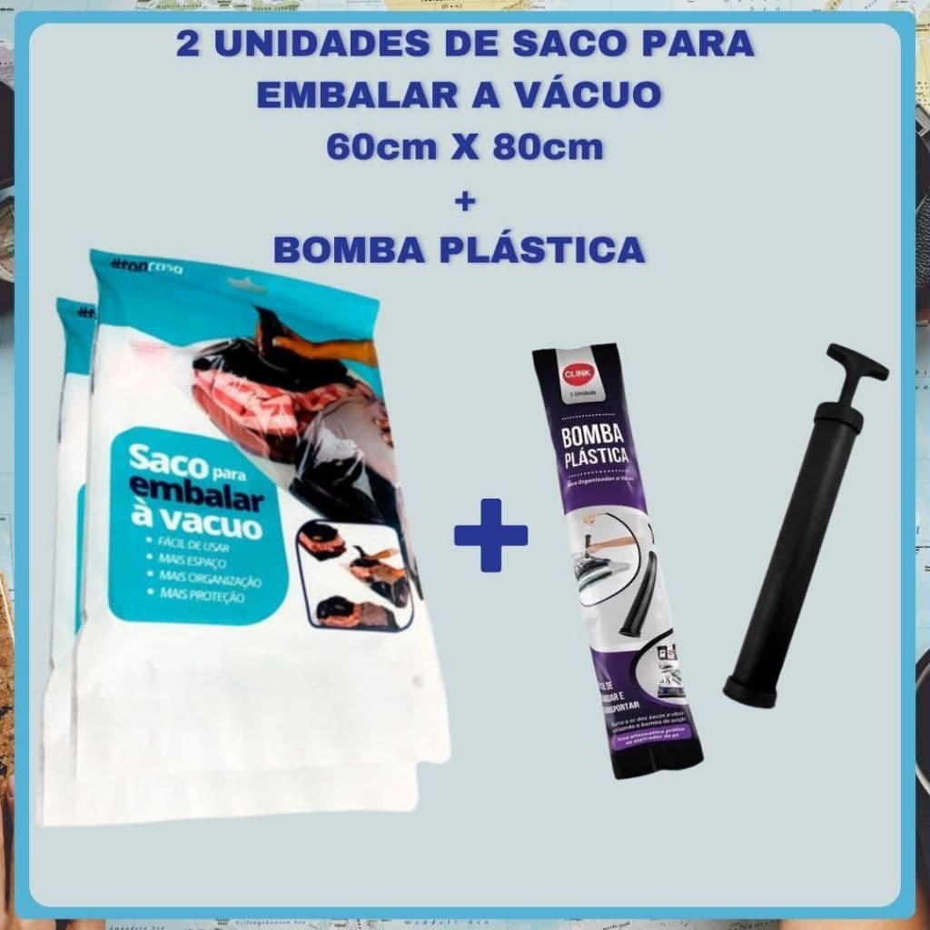 Kit 2 Saco a Vácuo + Bomba Manual Organização de Roupas Mala Viagem Guarda Roupa Organizador