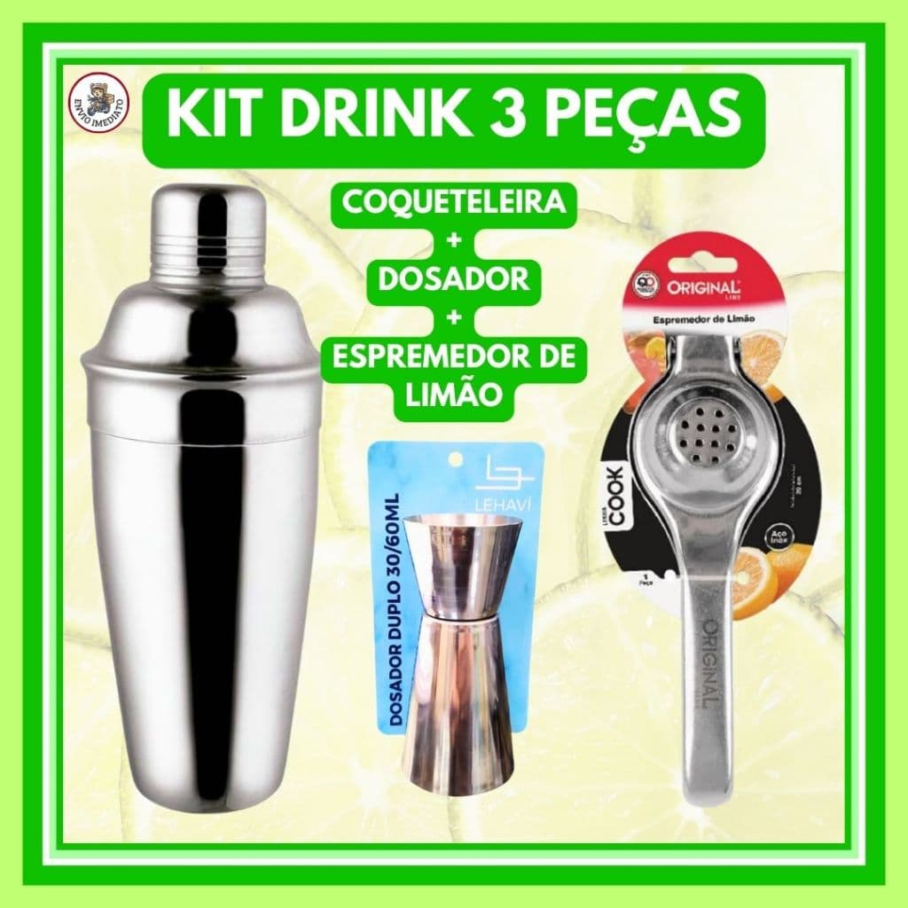 Kit Barman 3 Peças Coqueteleira De Alumínio Espremedor Dosador Duplo 30 e 60 Ml Bar Drink Caipirinha