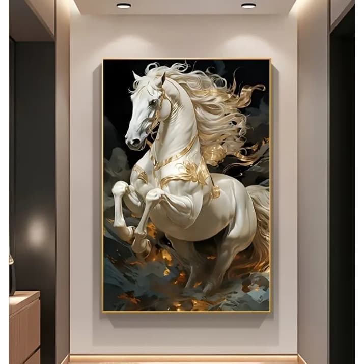 Quadro Decorativo Cavalo De Guerra Combate Dourado 1 Peça Grande Sala Quarto Escritório Decoração
