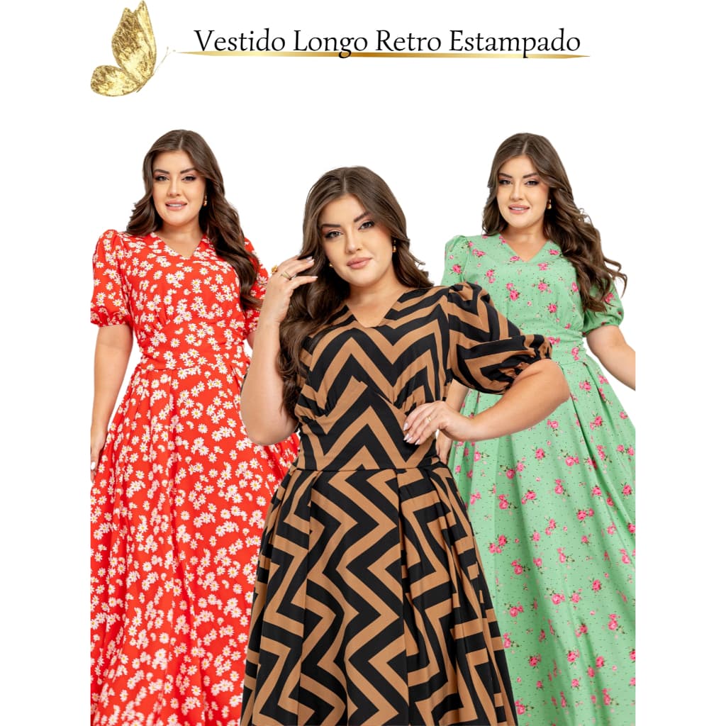 Vestido Feminino Retro Longo Crepinho Algodão Estampado