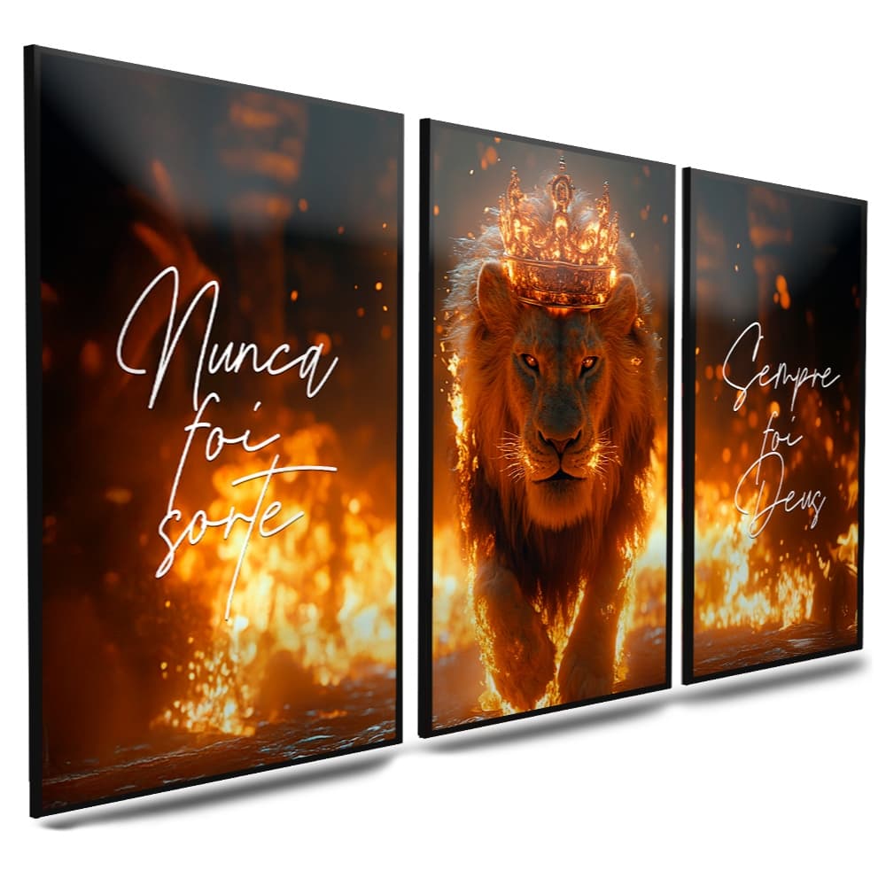 Kit de quadros decorativos para quartos e sala leão rei coroa em chamas 3 peças