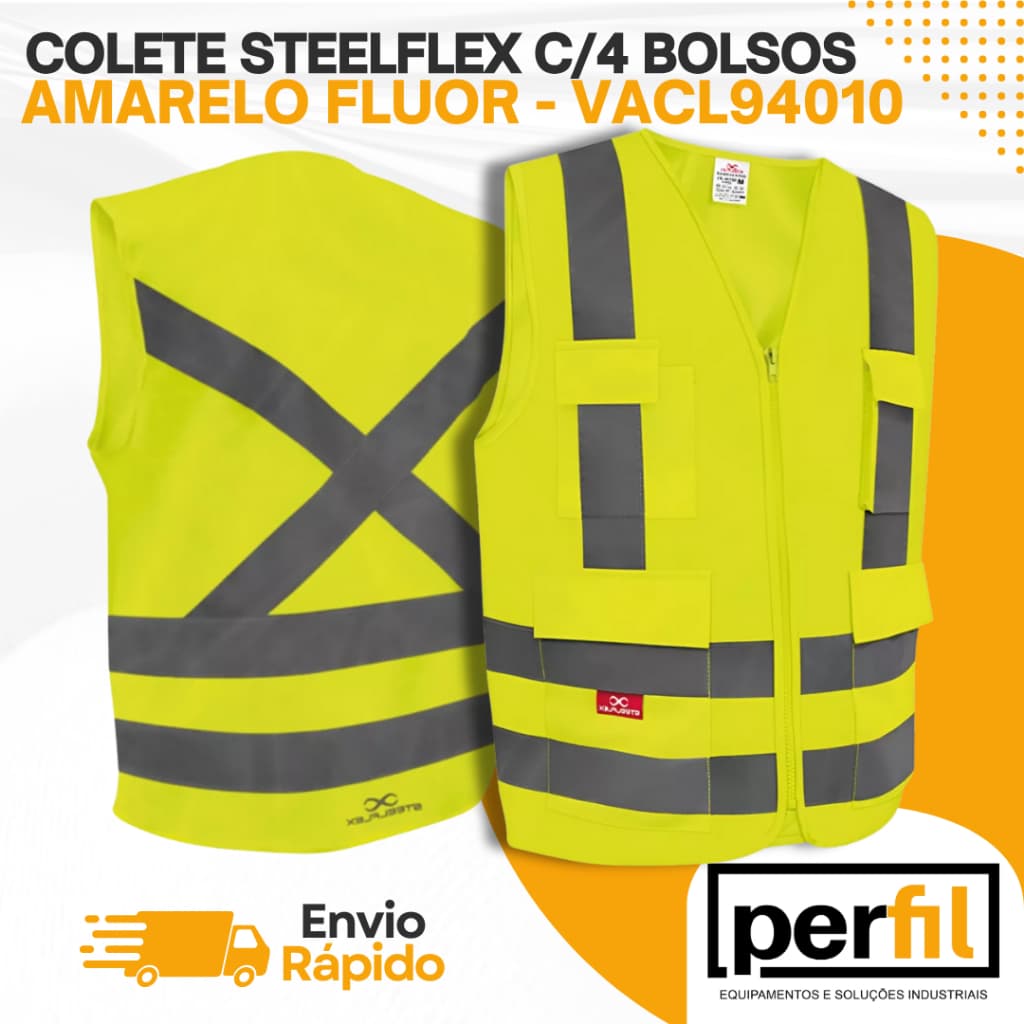 COLETE REFLETIVO STEELFLEX 4 BOLSOS LISO AMARELO FLUOR - G