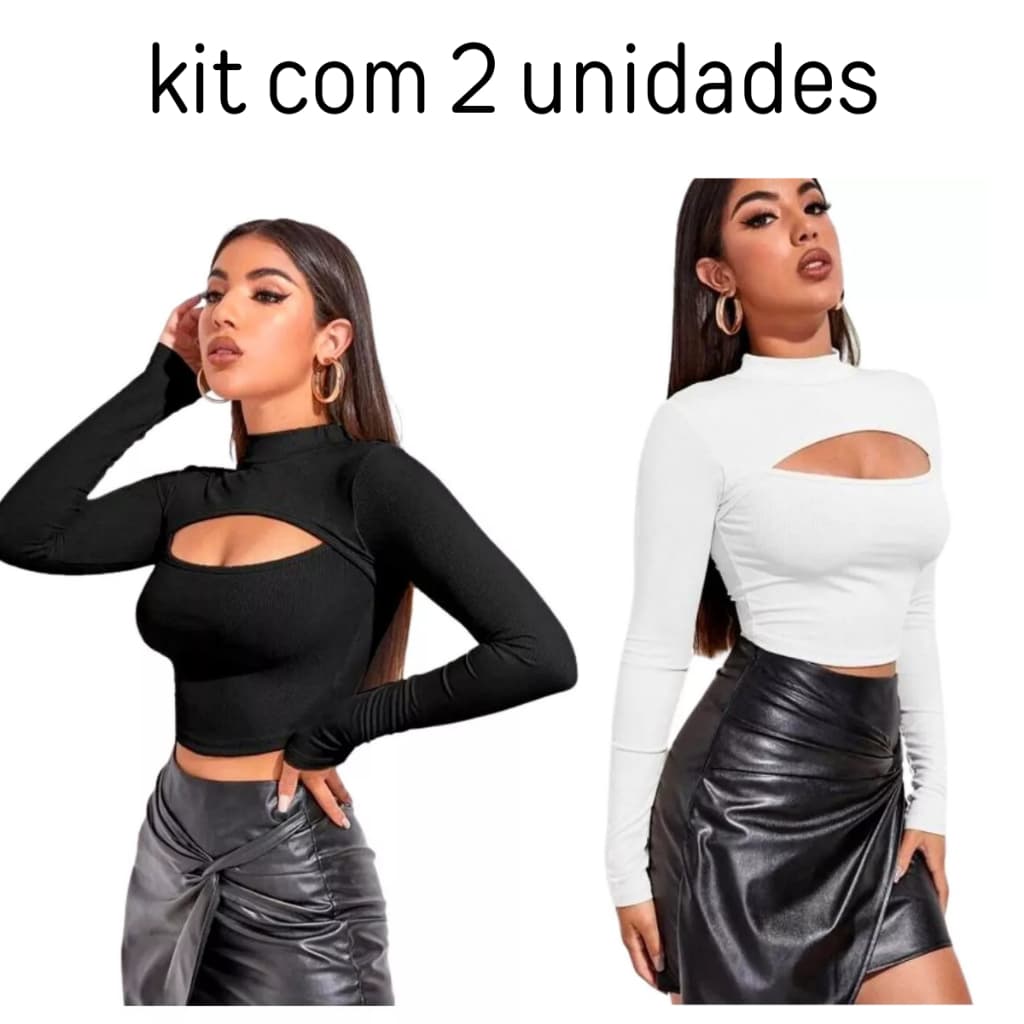 2 blusinhas cropped decote manga longa gola alta canelado moda gringa