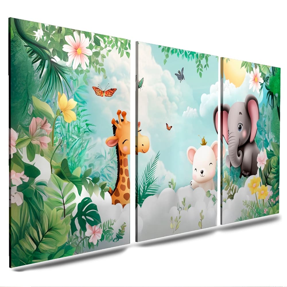 kit de 3 peças quandros infantil safari animais delicados desenhos quartos de crianças
