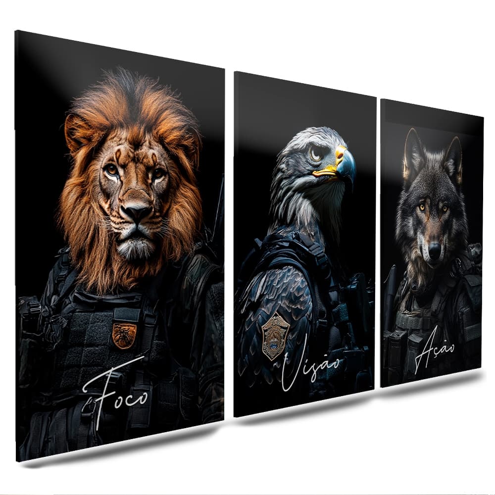 Kit de quadros decorativos para quartos e sala foco visão e ação leão águia e lobo 3 peças