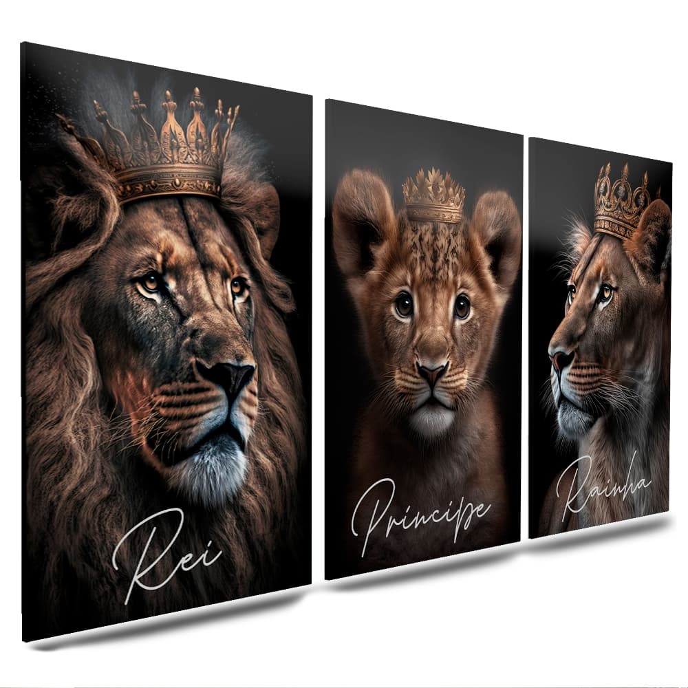 Kit de quadros decorativos para quartos e salas leão rei príncipe e rainhas coroa 3 peças