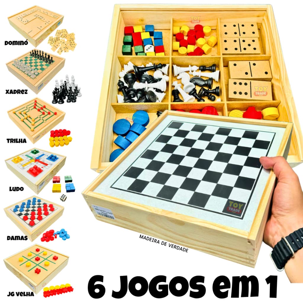 Jogo 6x1 Dama, Jogo Da Velha, Ludo, Trilha, Dominó, Xadrez 6 em 1 Jogos de Tabuleiro Jogo de Mesa Jr