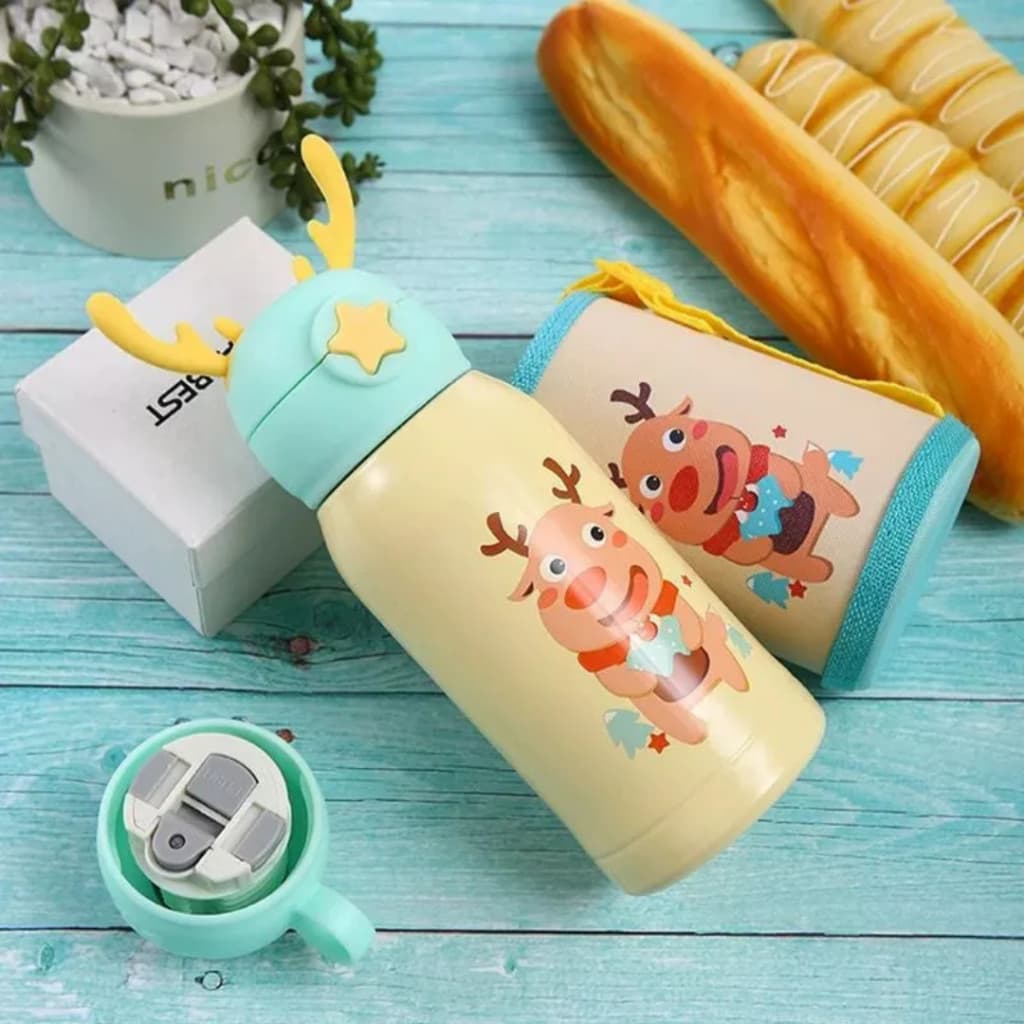 Garrafa Garrafinha Térmica Inox Alce Com Capinha, Caneca e Canudo Menina e Menino