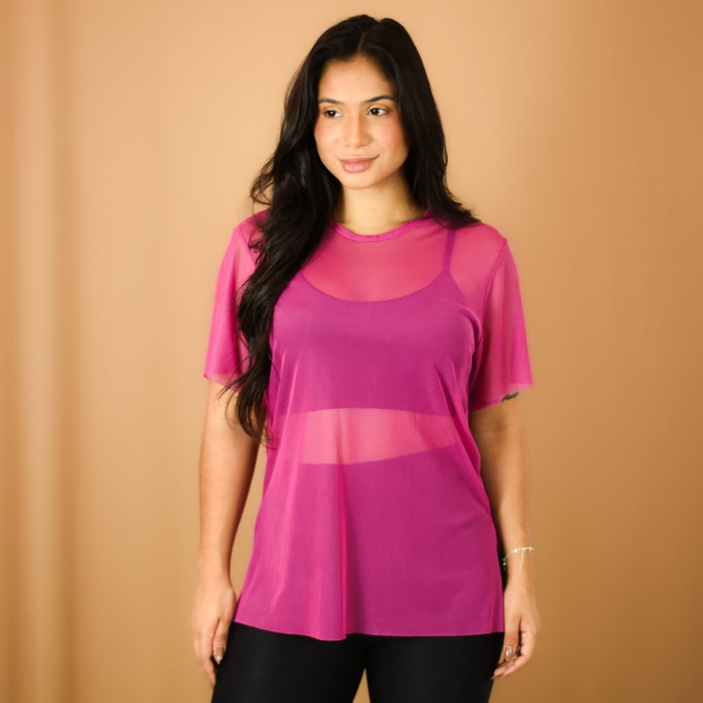 Blusa Fitness Feminina em Tule Manga Curta Transparente Academia