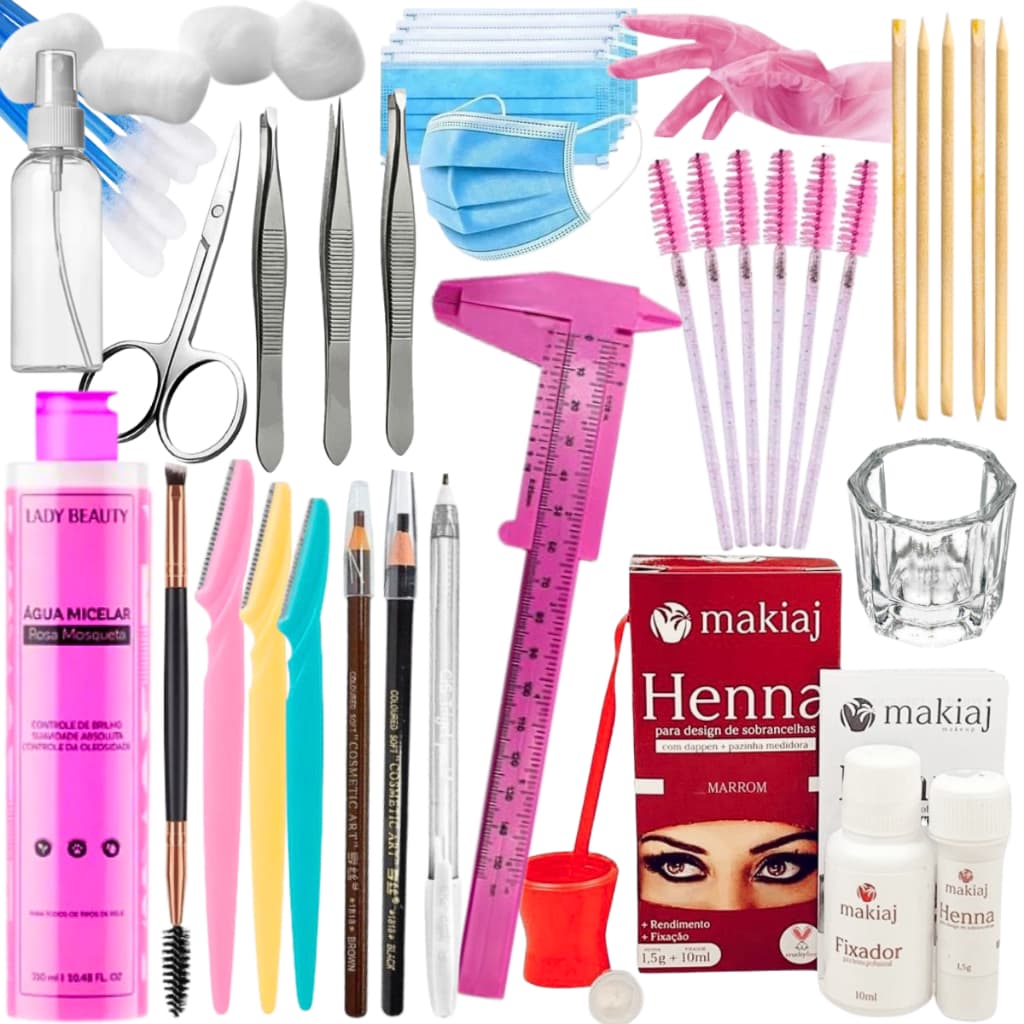 Kit Design de Sobrancelhas Iniciante Completo Henna Makiaj Lápis Dermatográfico Caneta Gel Branca