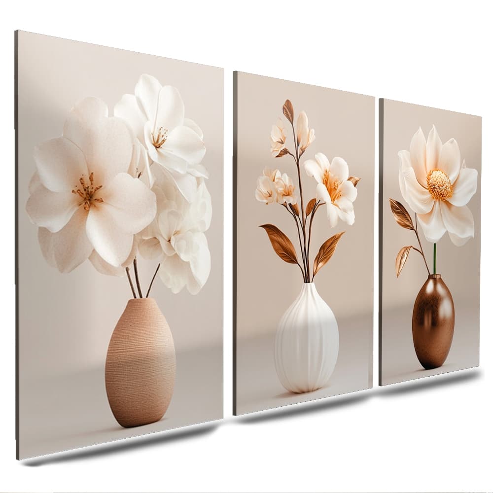 Kit de Quadros Qecorativos Para Quartos e Salas Vaso de Flores Marrom e Branco Gold Luxo 3 Peças Importado (VASO MARROM)