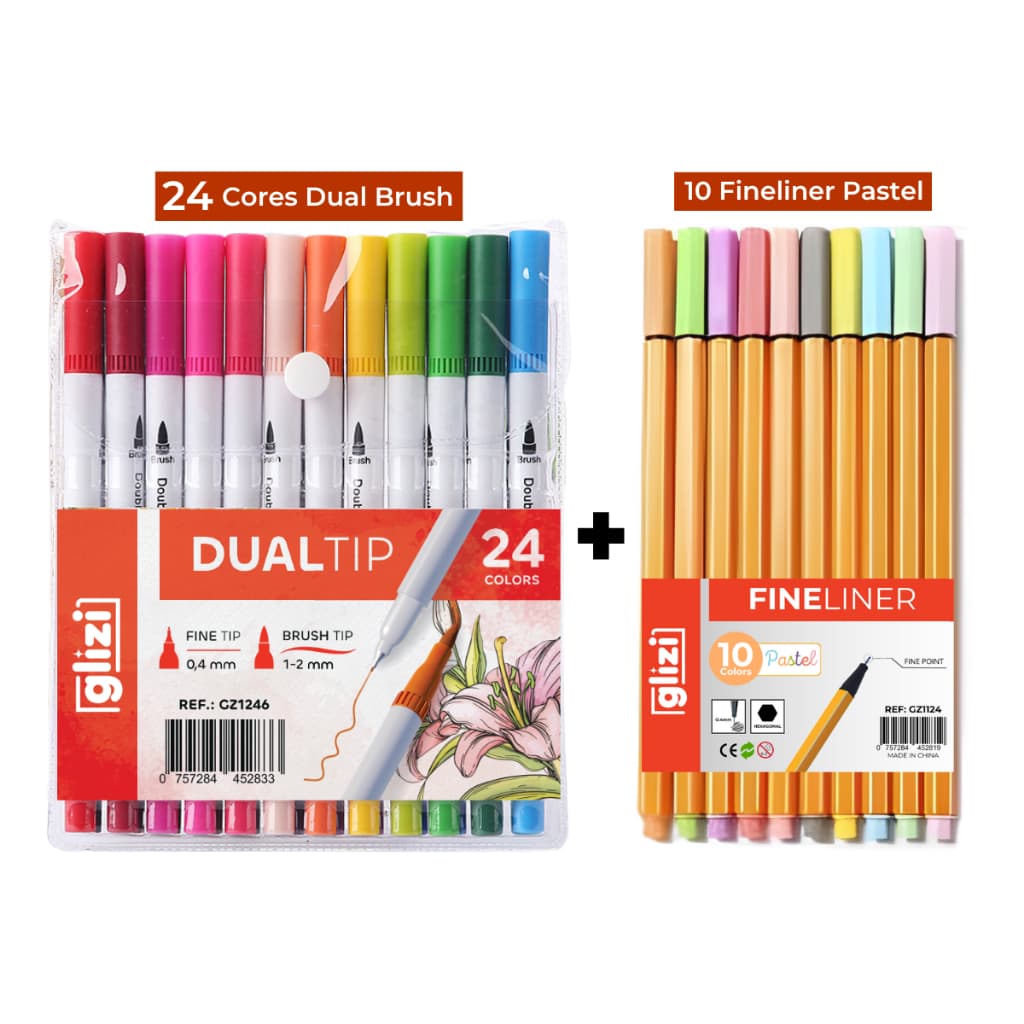 Kit Canetas Coloridas Dual Brush 24 Cores + 10 Cores Ponta Fina Tons Pastel