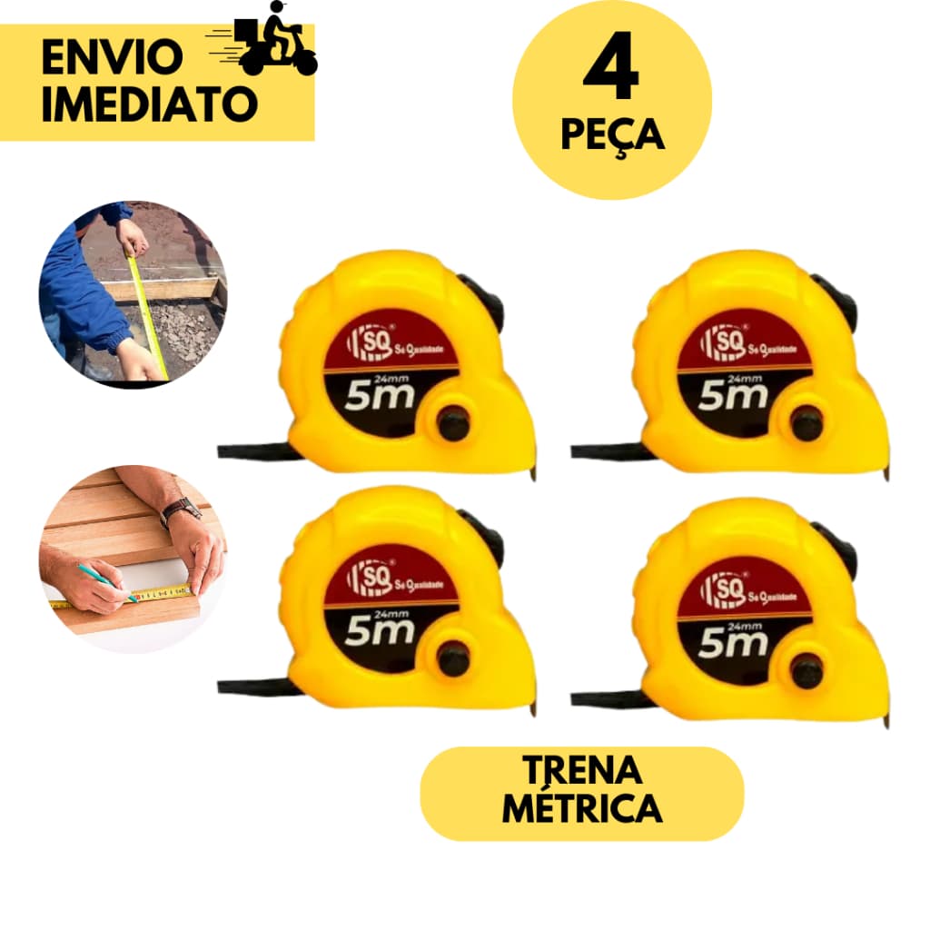 Trena 5 Metros x 24 mm de Metal Kit com 4 Und c/ Trava Freio Manual, Agilidade na Aferição das Medidas p/ Obras Reformas
