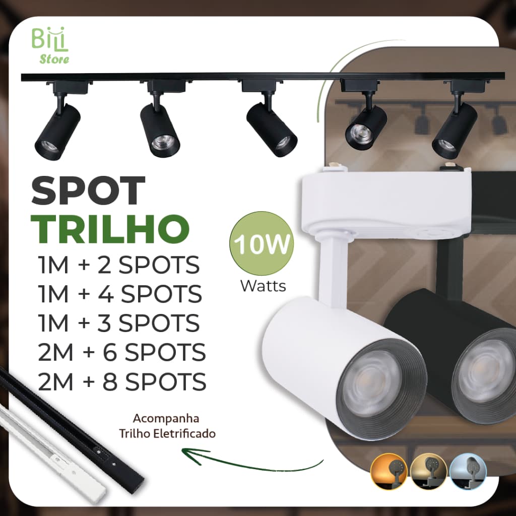Trilho Spot LED para trilho eletrificado + Trilho + Conector Tubinho Preto e Branco 10W 360° Bivolt