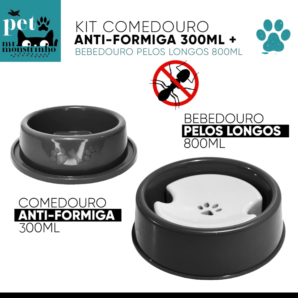 Kit 2un bebedouro Pelos Longos com Boia 800ml + Comedouro Anti Formiga Pet 300ml