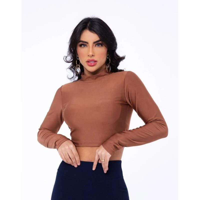 Cropped Feminino Manga Longa Gola Alta Elegante Sem Bojo Blogueira Moda Atual Suplex Premium