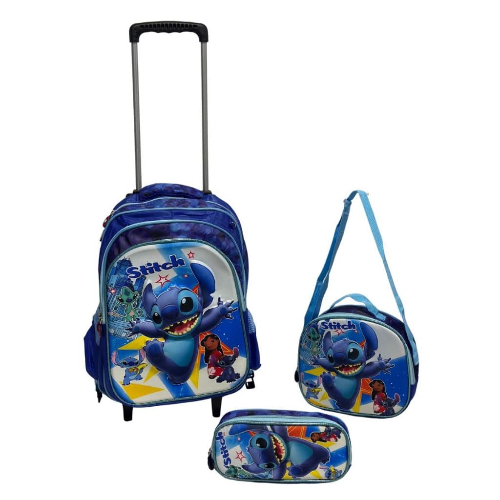 Kit Mochila Escolar Rodinha Infantil Unissex Stitch + Lancheira + Estojo Azul