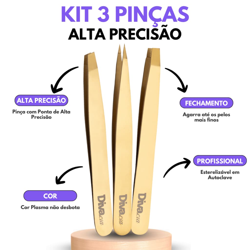 Kit 3 Pinças para Sobrancelhas Ponta Agulha, Chanfrada e Reta Profissional Autoclavável Depilação