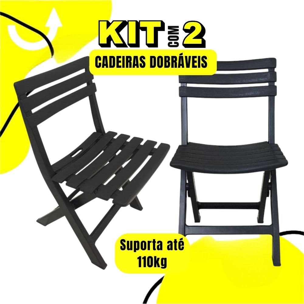 Kit 2 Cadeiras Dobráveis Área De Lazer Sustentável Preta Suporta até 110kg