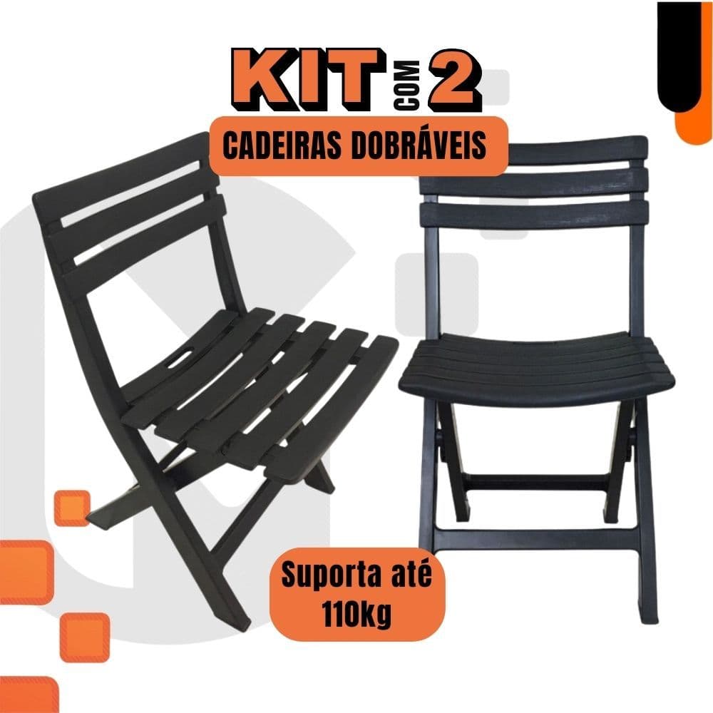 Kit 2 Cadeiras Dobráveis Área De Lazer Sustentável Preta Suporta até 110kg