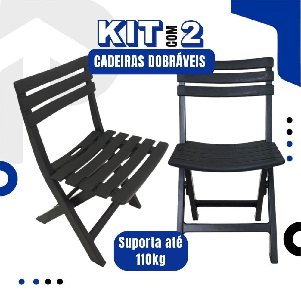 Kit 2 Cadeiras Dobráveis Área De Lazer Sustentável Preta Suporta até 110kg