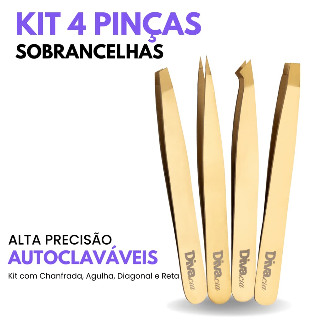 Kit 4 Pinças para Sobrancelhas Alta Precisão Chanfrada, Agulha, Diagonal e Reta Autoclavável