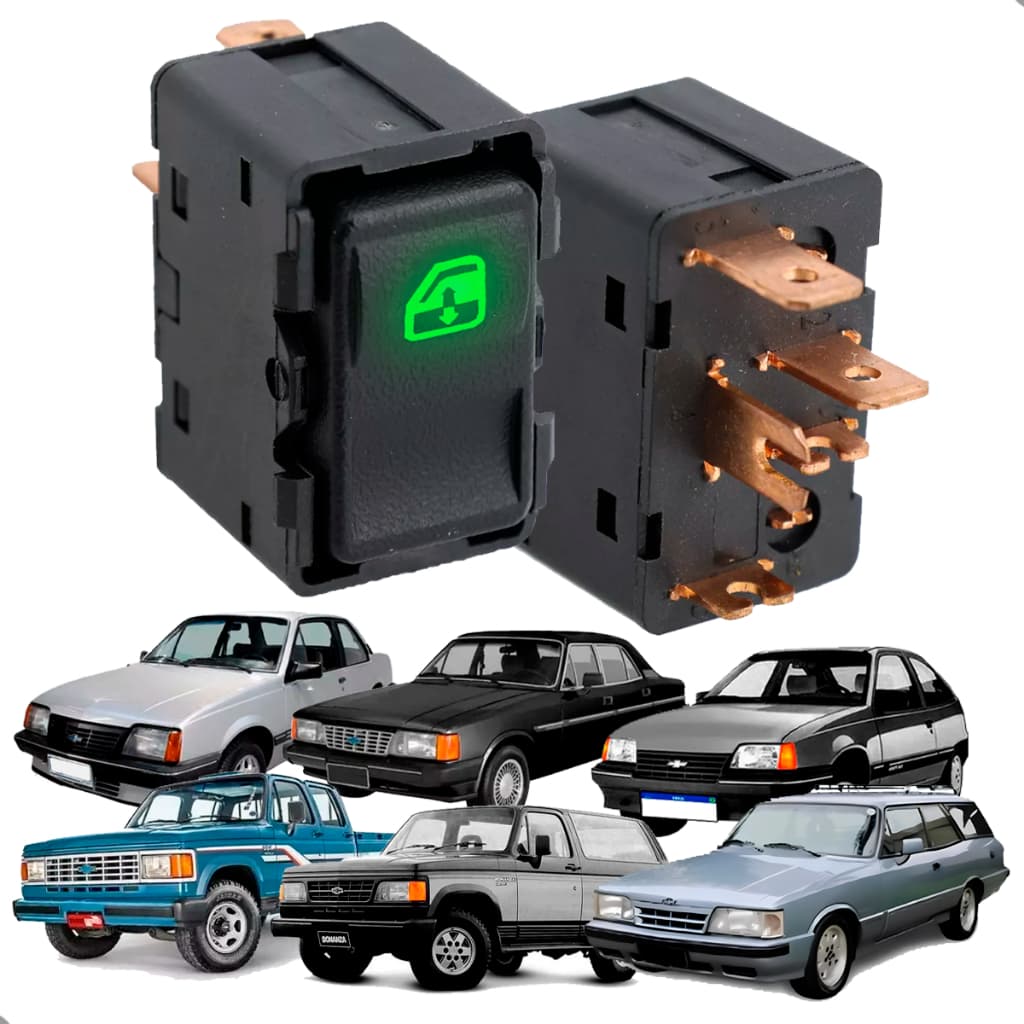 Botão Vidros Elétrico Monza Kadett Opala Caravan Bonanza D20 C20 Simples LED Verde 5 Pinos Terminais