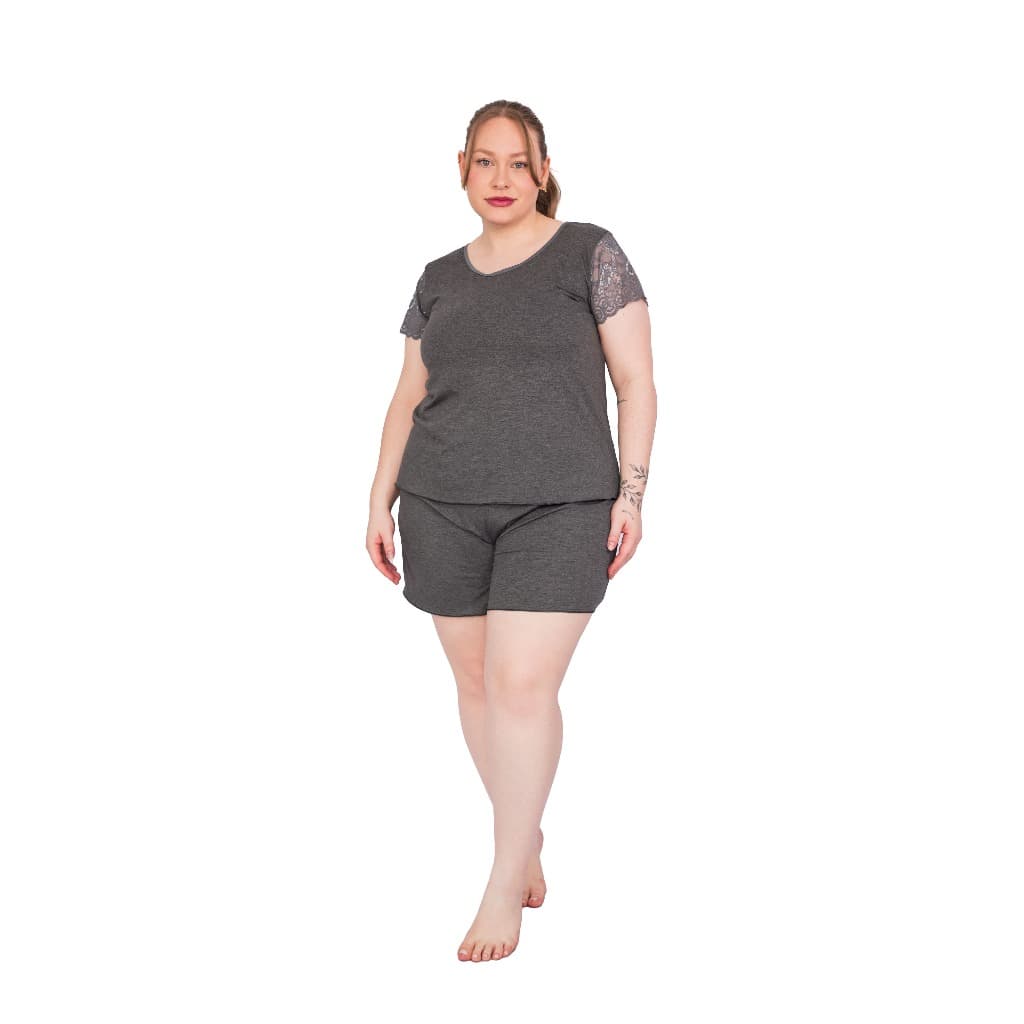 Pijama Short Doll Plus Size Feminino Confortável de Viscose Manga Curta com Renda Dool Domir Noite