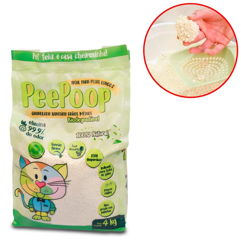 Granulado Sanitário Médio Biodegradável Para Gato PeePoop 2kg Areia Higiênica De Mandioca