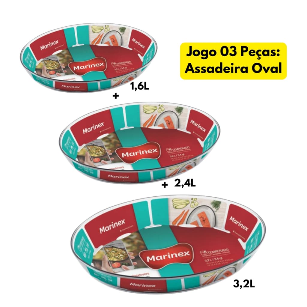 Kit 3 Assadeiras Oval Marinex 1,6L + 2,4L + 3,2L Vidro Resistente Temperado Lasanheira Refratario