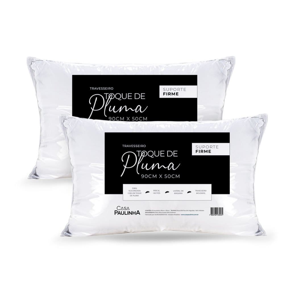 Kit 2 Travesseiros Toque De Pluma Suporte Firme 90x50 180 Fios Algodão