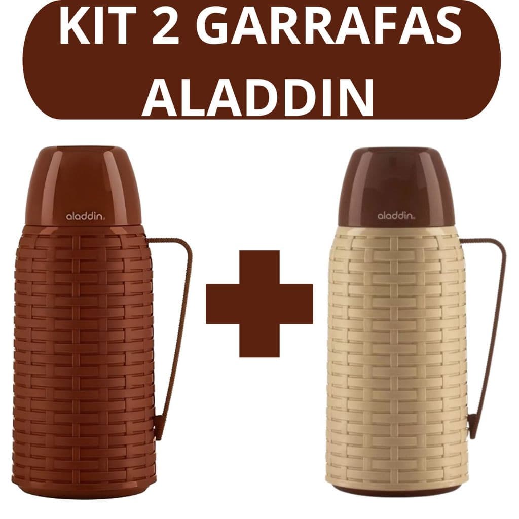 Kit 2 Garrafas Termicas Aladdin 1 Litro Original Com Alça Garrafa de Cafe Cha Chimarrao Rattan Marrom e Bege Marrom