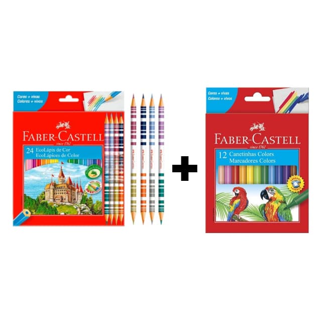 Kit Lápis De Cor Faber Castell 24 Cores com Canetinha Hidrográfica 12 Cores Faber Castell