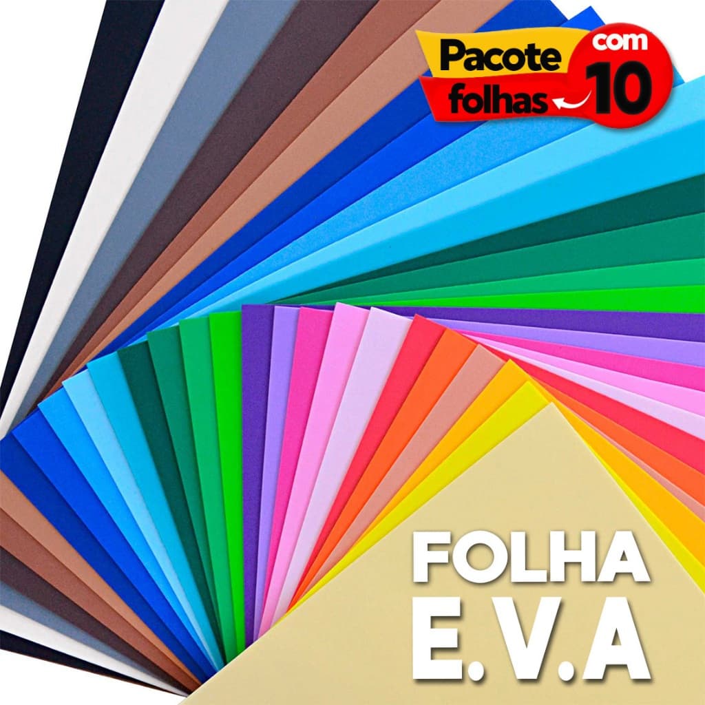 Folha de EVA Liso Colorido 40x60cm Pacote c/ 10 unidades Espessura: 1.6mm Diversas Cores Vibrantes