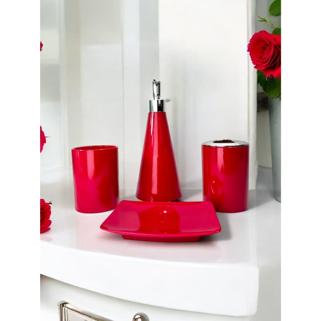 Kit de Banheiro 4 Peças – Vermelho, Bege ou Azul | Saboneteira, Dispenser, Copo e Porta-Escova