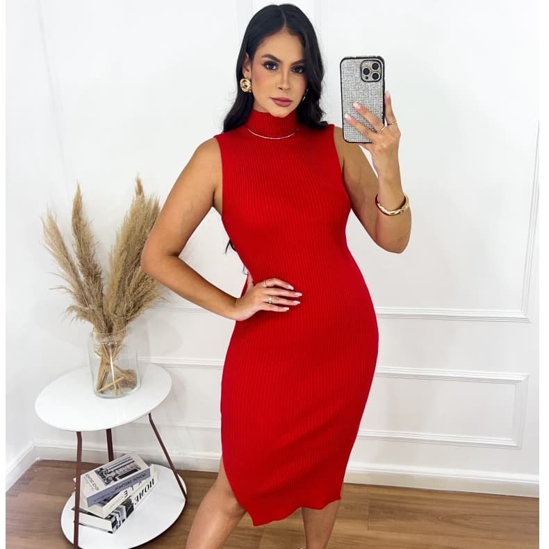 Vestido Midi Com Fenda Lateral Canelado no Tricot Modal Premium
