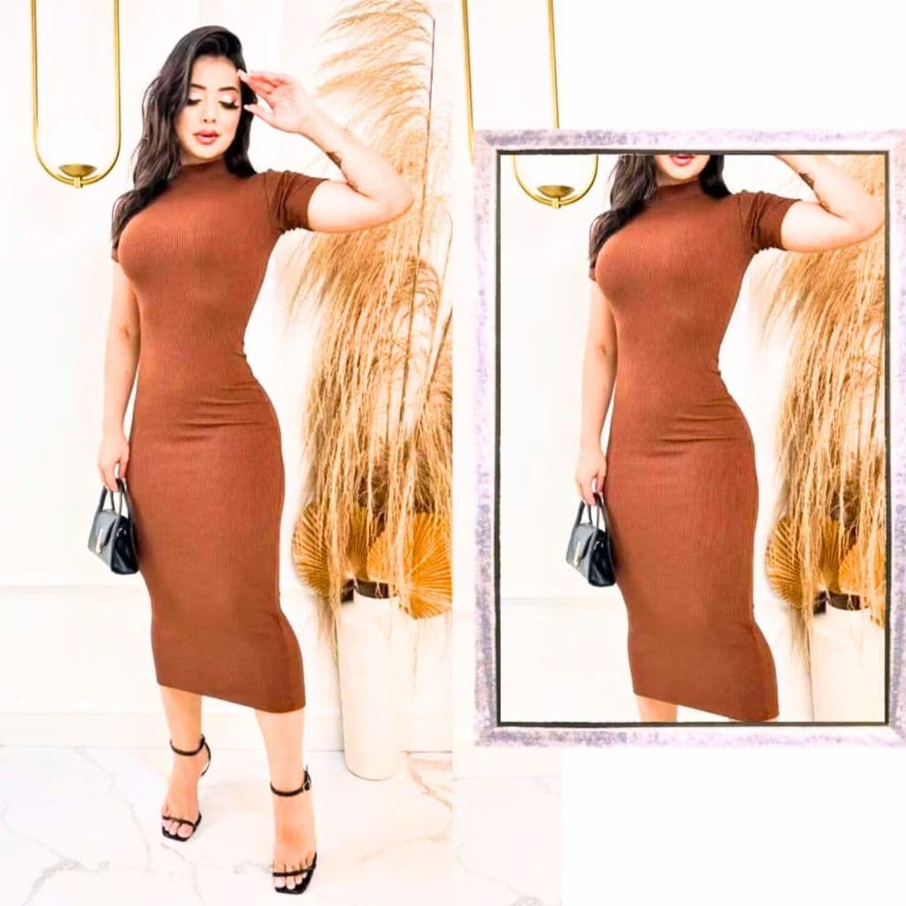 Vestido Feminino Midi Canelado com Manga Elegância e Ousadia em Uma Peça