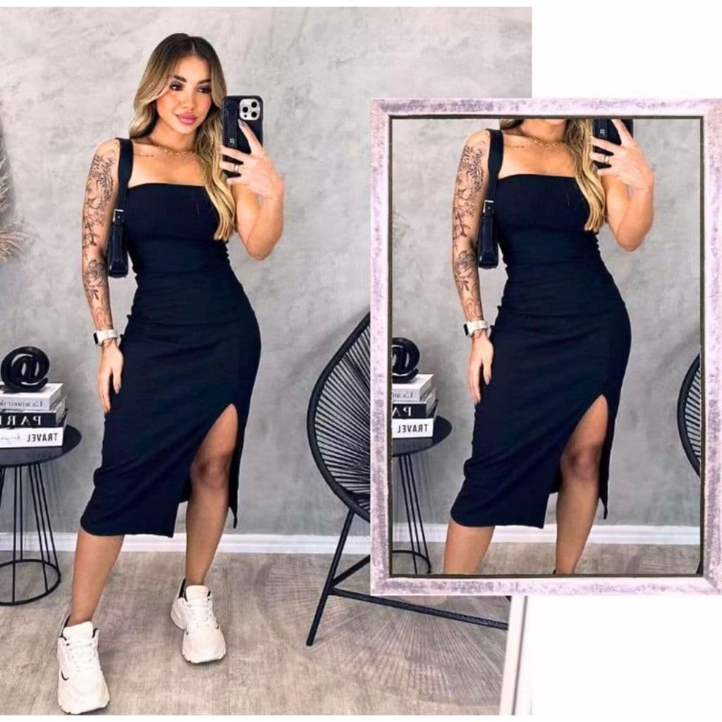 Vestido Tomara que Caia Canelado Midi com Fenda - Elegância e Ousadia