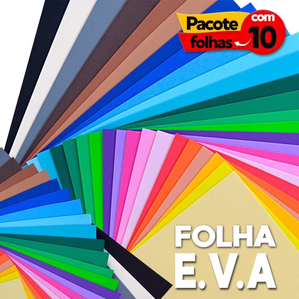 Folha de EVA Colorido Liso 40x60cm Pacote c/ 10 unidades Espessura: 1.6mm Diversas Cores Vibrantes