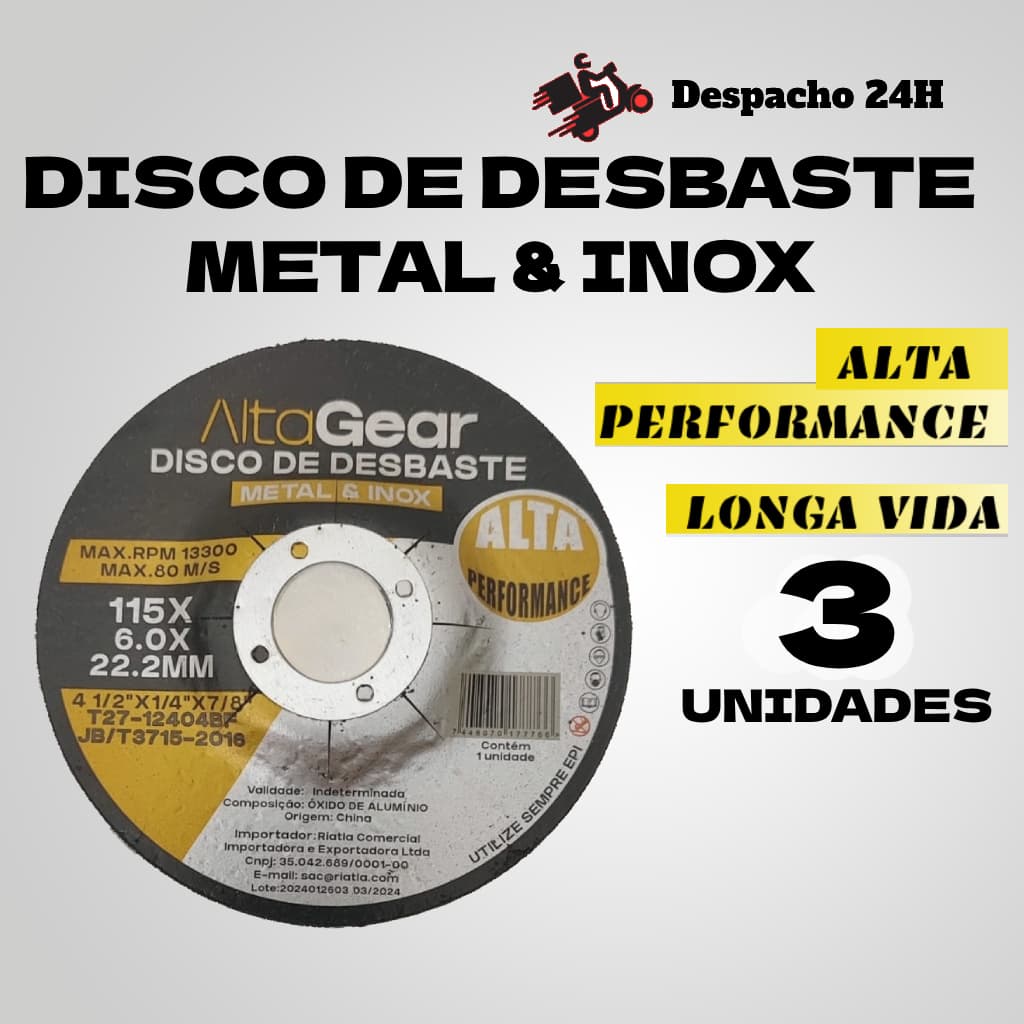 Kit 03 Disco de Desbaste para Aço Ferro 4" (4.1/2 x 1/4 x 7/8)