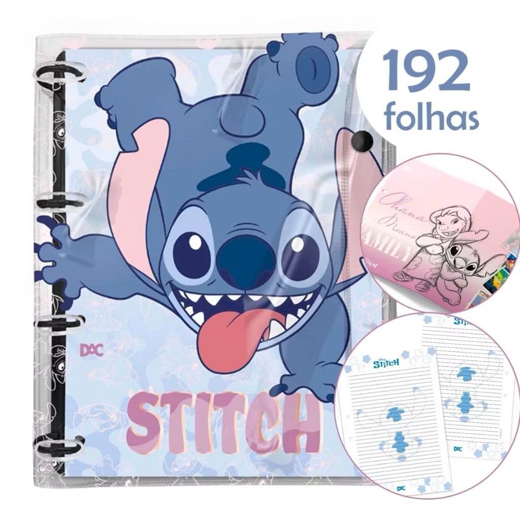 Fichário Stitch Universitário Cristal com 192 Folhas -DAC