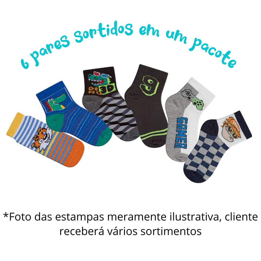 6 Pares Meia Pacote Econômico Infantil Menino e Menina Cano Médio para Escola e Dia a Dia