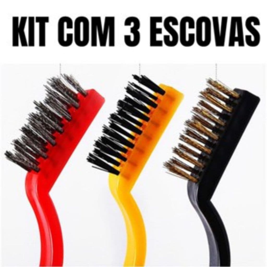 Conjunto 3 Peças Escovas Escova De Aço 17,5Cm Multiuso Aço Latão Nylon Cabo Plástico